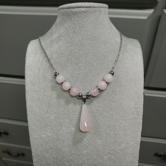 Rose Quartz Beaded Necklace Natural Gemstone Crystal Pendant Stainless-Steel - Picture 13 of 14